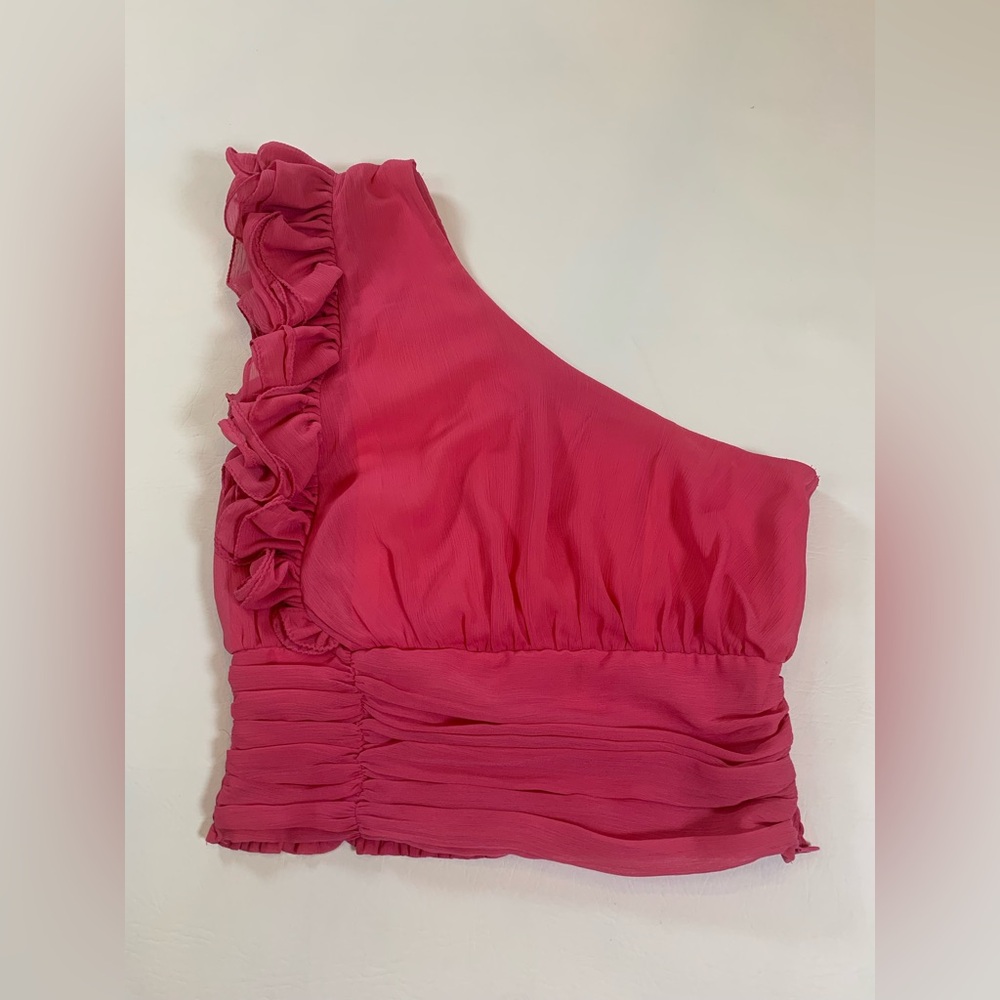 Do+Be pink one shoulder cropped ruched top small, FLAW (bin L)